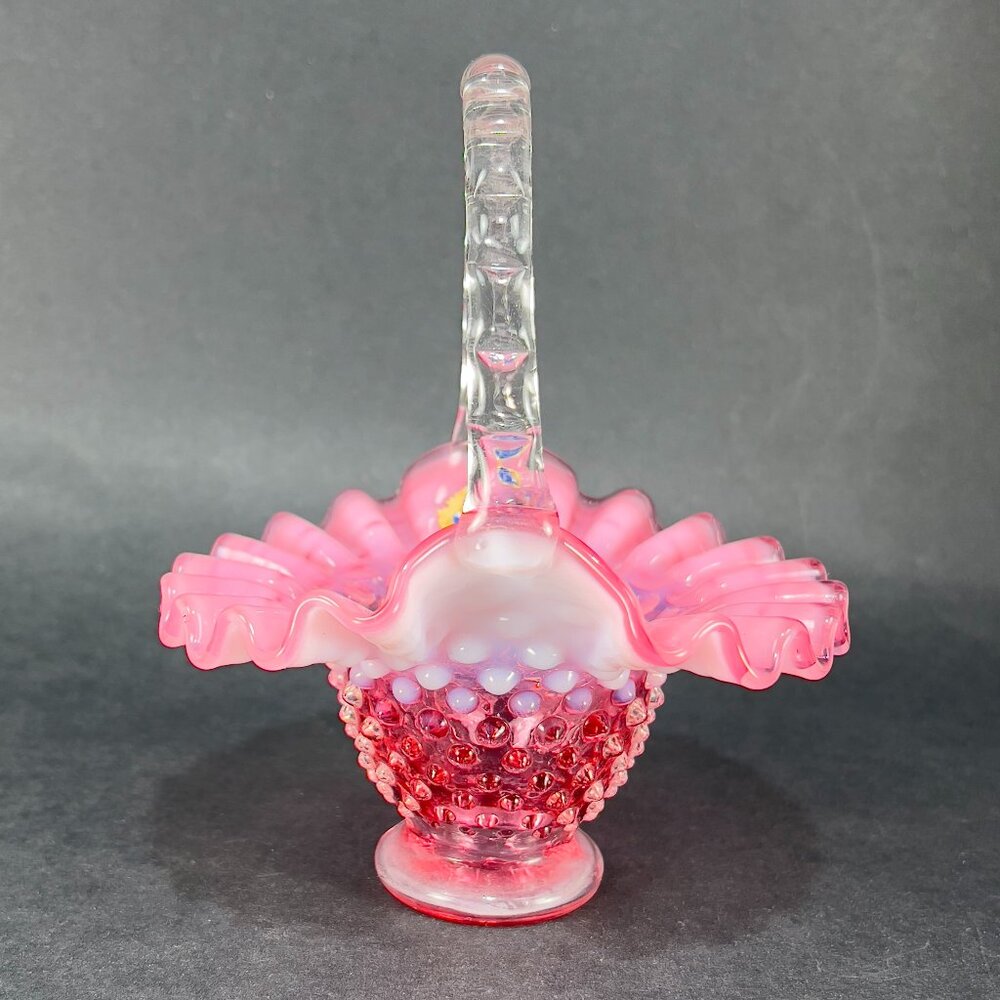 Vtg Fenton Glass Basket 3835 Hobnail Cranberry Pink Opalescent Bamboo Handle 50s